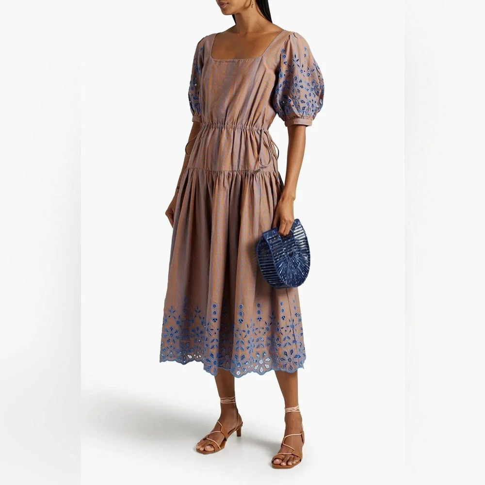 Joie Nashua Midi Dress Boho Cotton Linen Puff Sleeve Square Neck Brown Blue